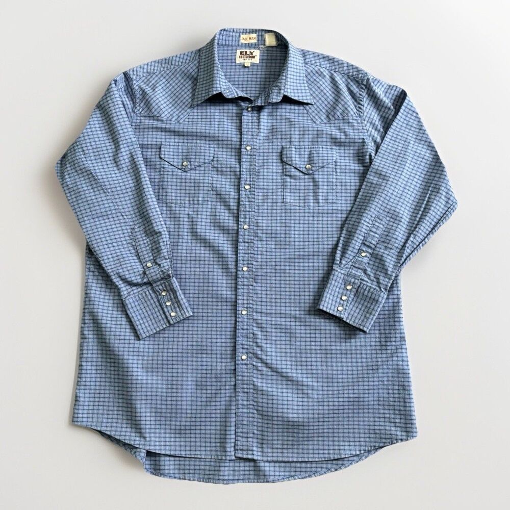Ely Cattleman Blue Plaid Western Shirt Men's Size 18.5-35 T Pearl Snaps Vintage